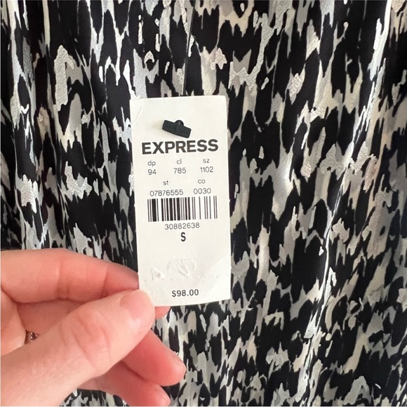 Express abstract, print, silver metallic satin dress call neck so small - Picture 6 of 6